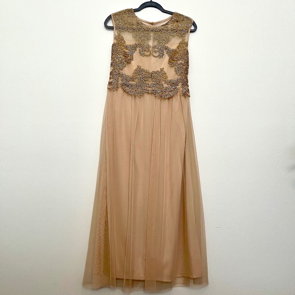 Candalite Petite gold-beige tulle prom dress with gold embroidery size S petite